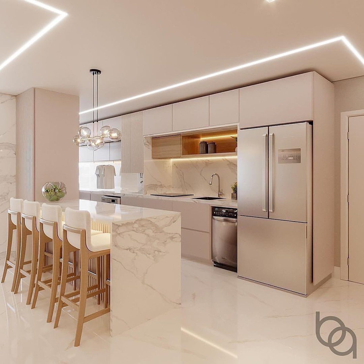 Elegant modern kitchen featuring high gloss finishes, ambient lighting, and marble accents