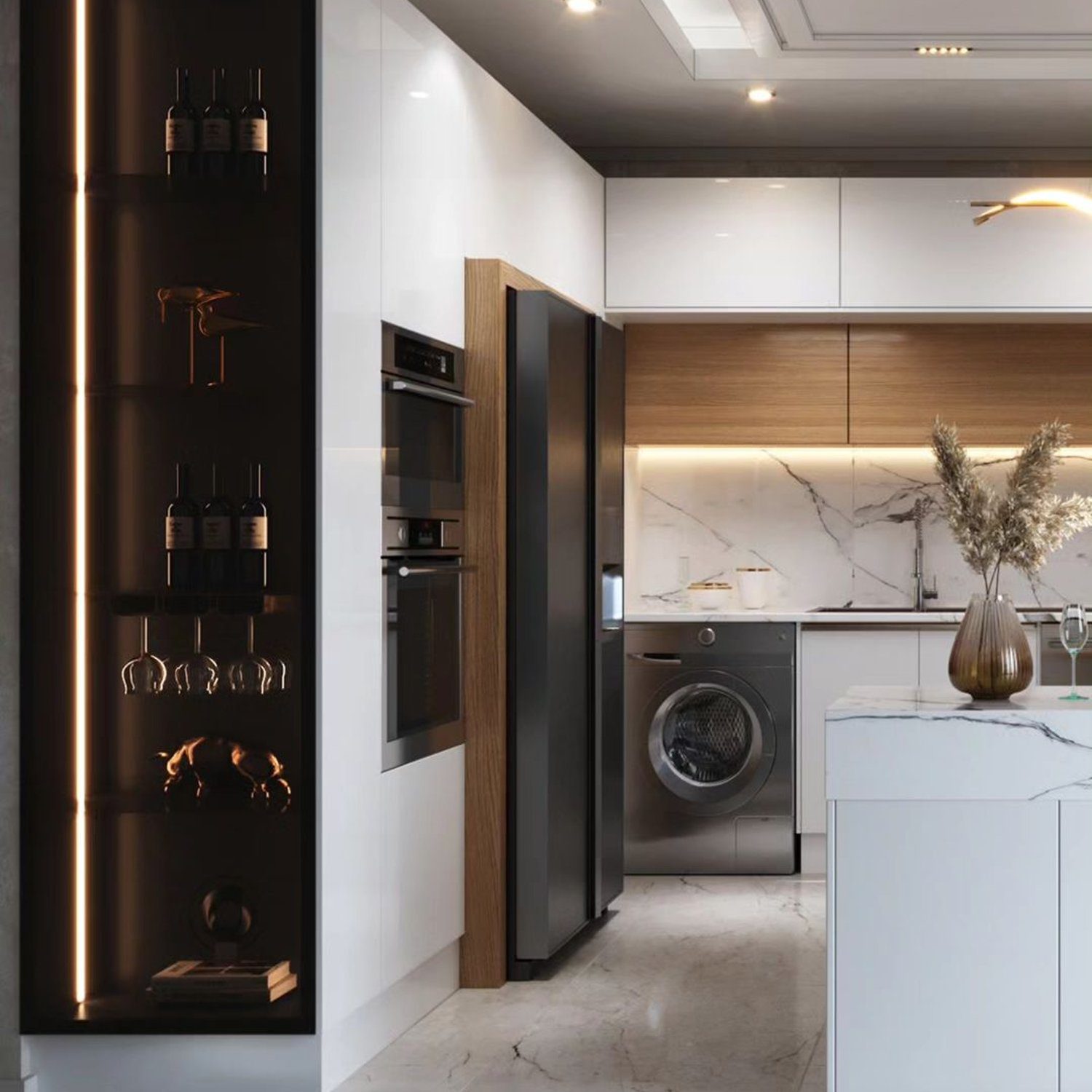 Elegant and modern kitchen design featuring marble flooring, wood accents, and smart appliances