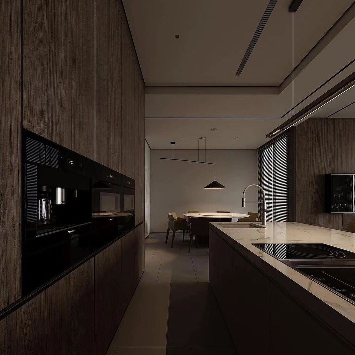 Modern and minimalist kitchen design with sleek dark wood elements