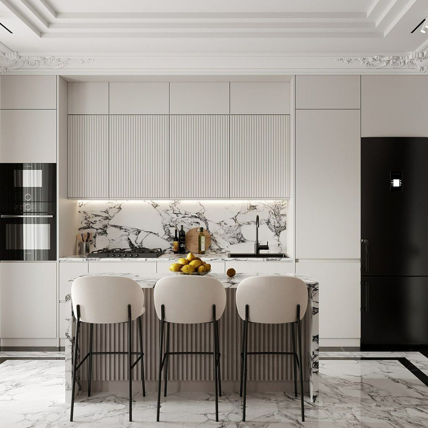 Elegant modern kitchen with marble elements