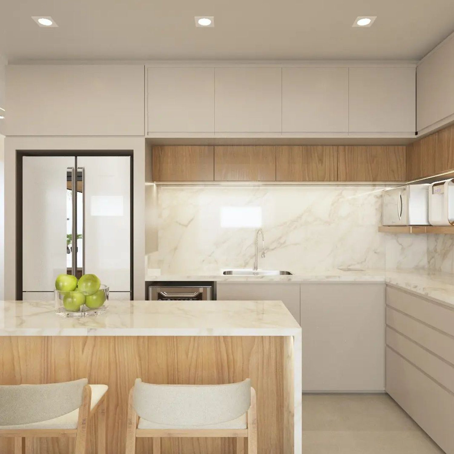 A modern kitchen with wooden accents and marble backsplash