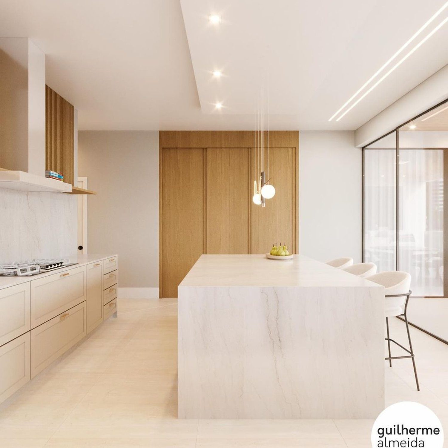 Elegant modern kitchen with natural wood and marble accents