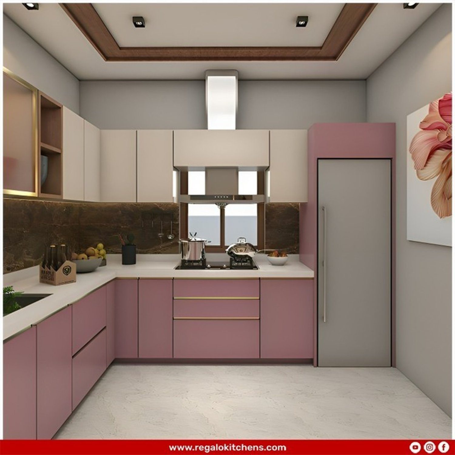 Elegant pink and beige kitchen design with smart storage solutions