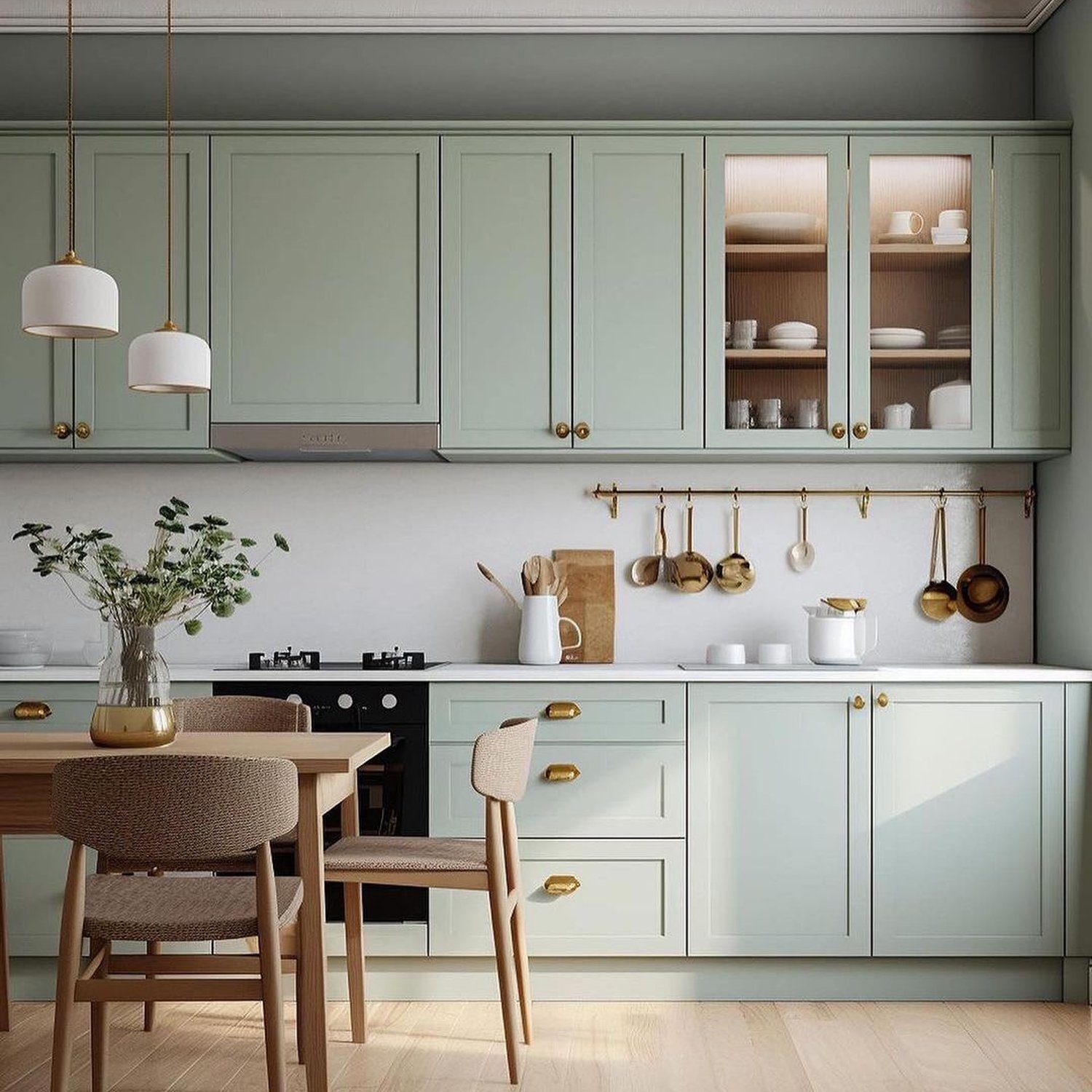 Elegantly designed kitchen with pastel green cabinets