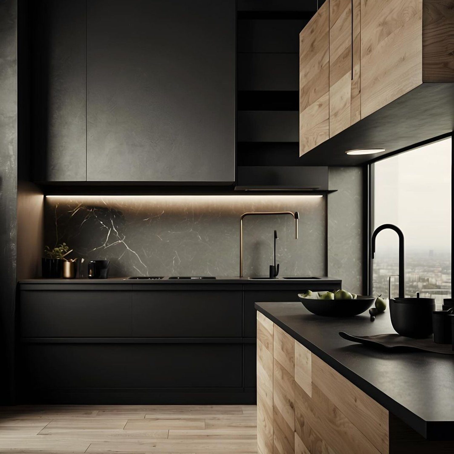 Stunning modern kitchen with sleek dark finishes and warm wooden accents