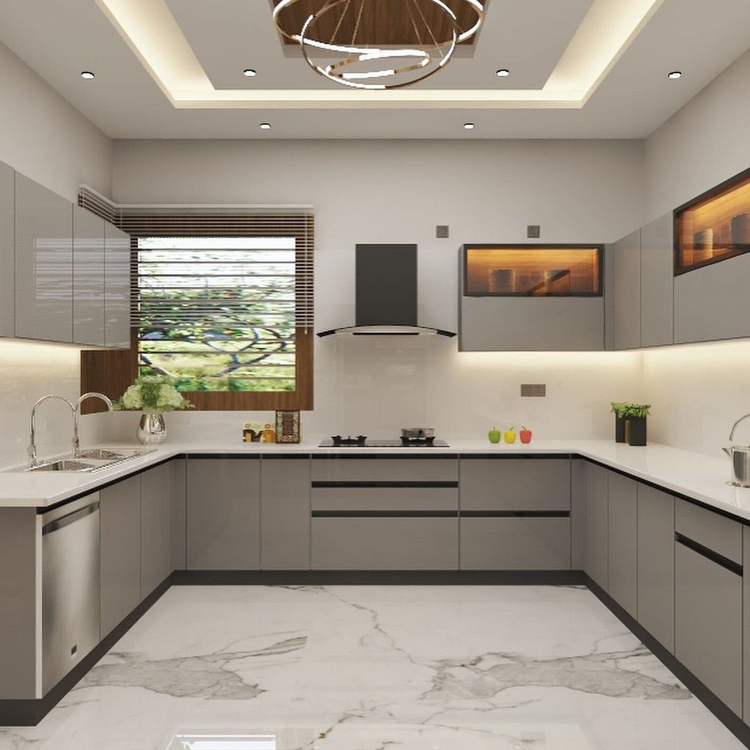 A modern kitchen with sleek grey cabinetry