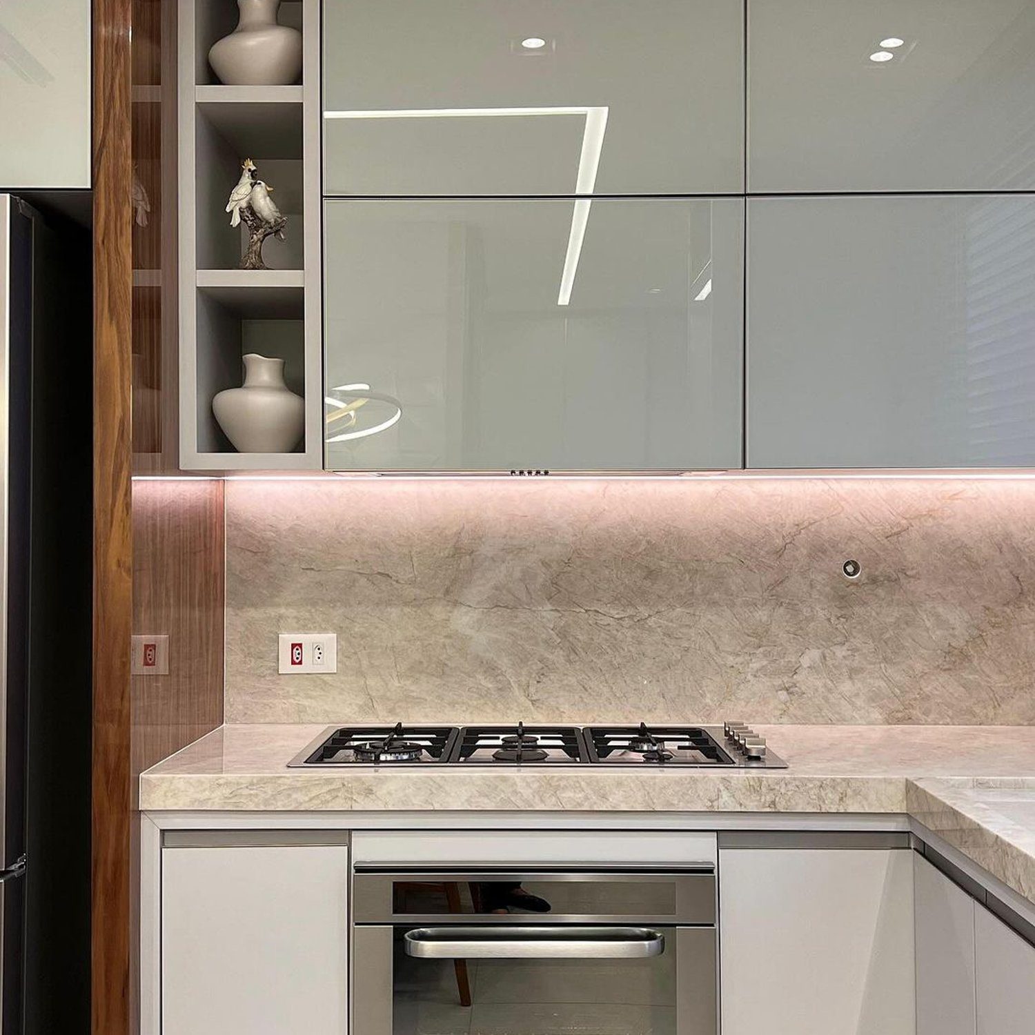 A modern kitchen featuring a marble backsplash, a gas stove, and frosted glass cabinets