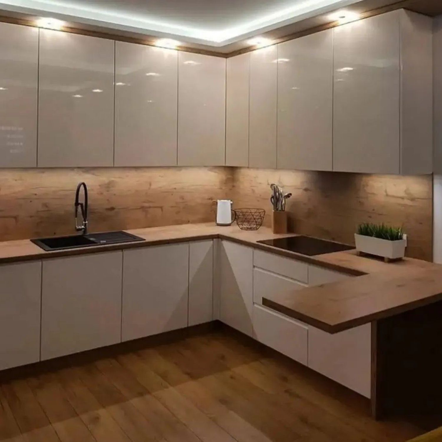 Elegant modern kitchen with sleek design featuring light wood tones and minimalist styling