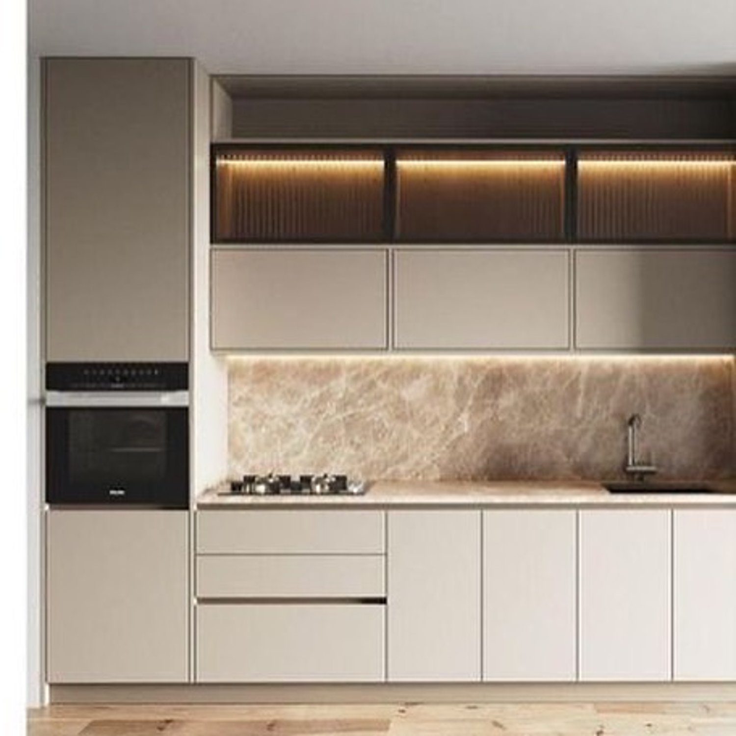 A sleek and modern kitchen design featuring integrated appliances, minimalist cabinetry, and a textured backsplash.