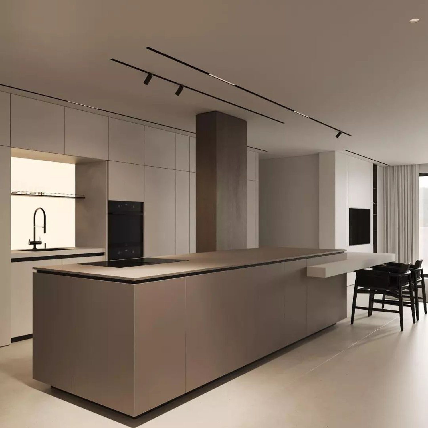 A sleek modern kitchen with clean lines and neutral tones