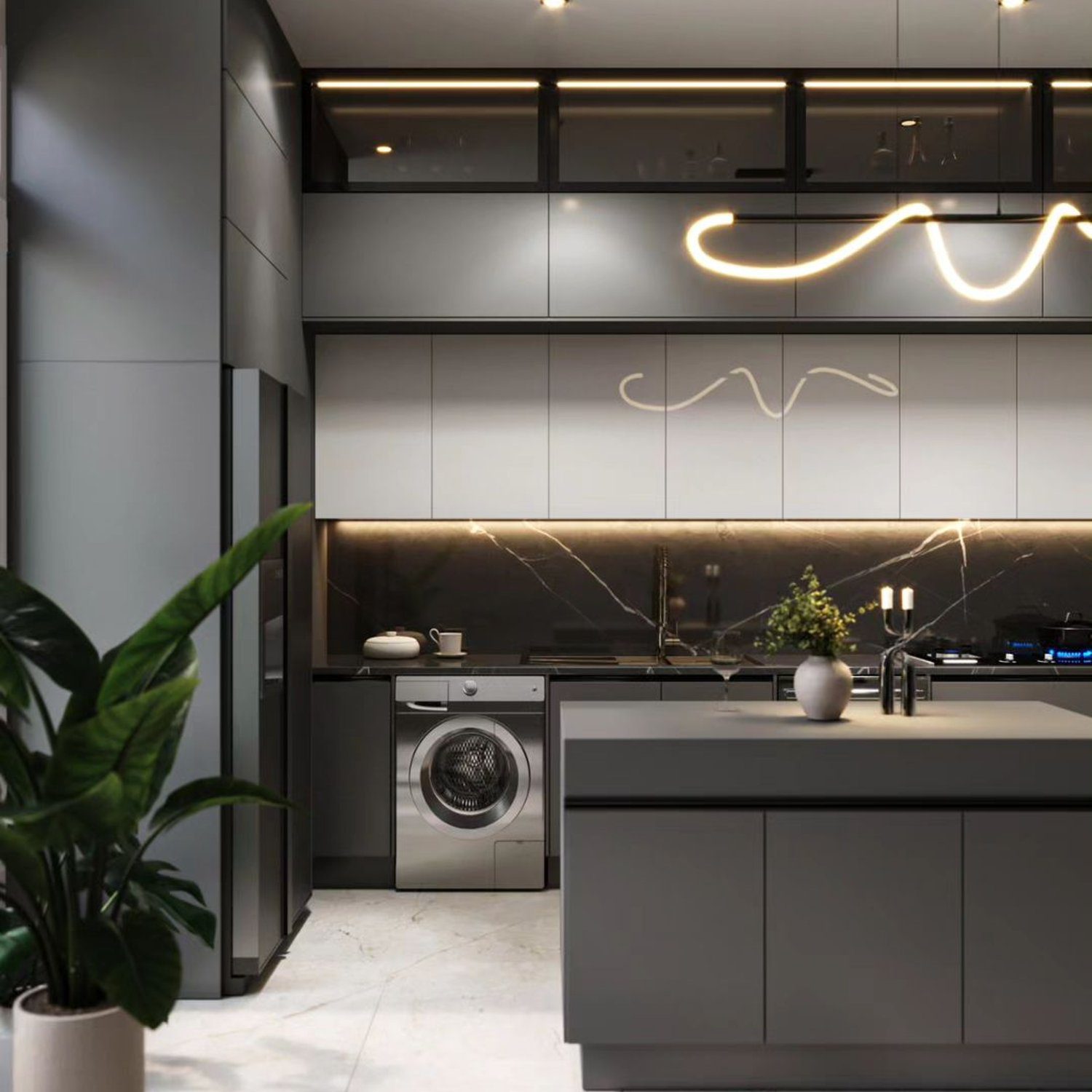 A sleek modern kitchen featuring integrated appliances with marble backsplash