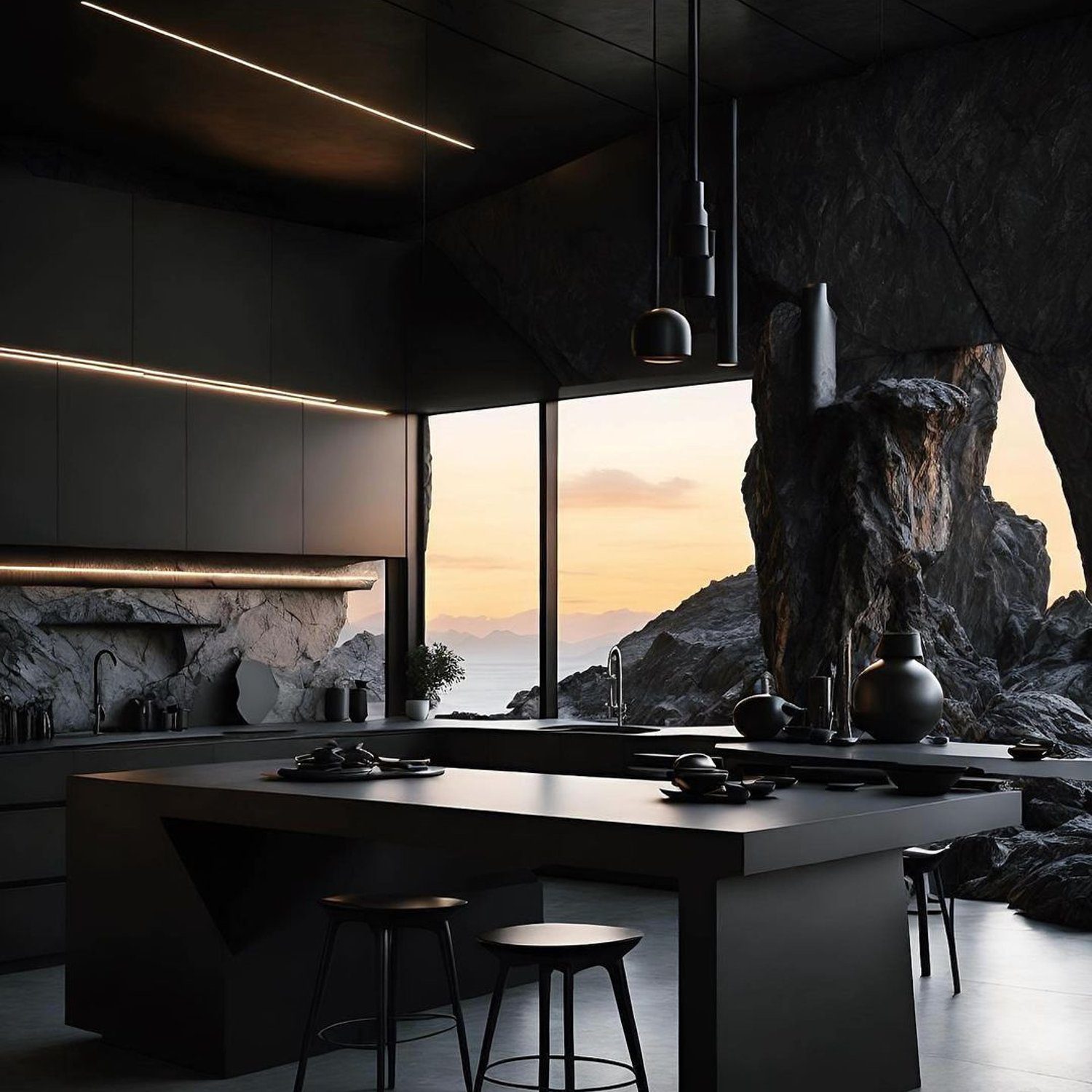 A sleek modern kitchen embedded within a natural rocky interior