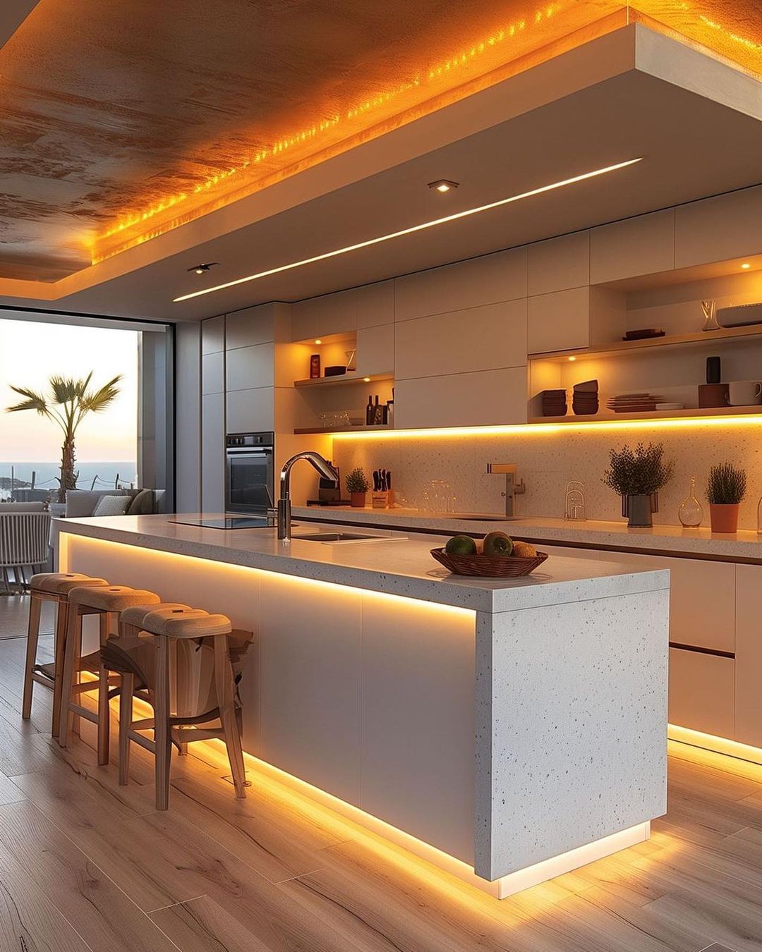 Warmly lit modern kitchen with a view