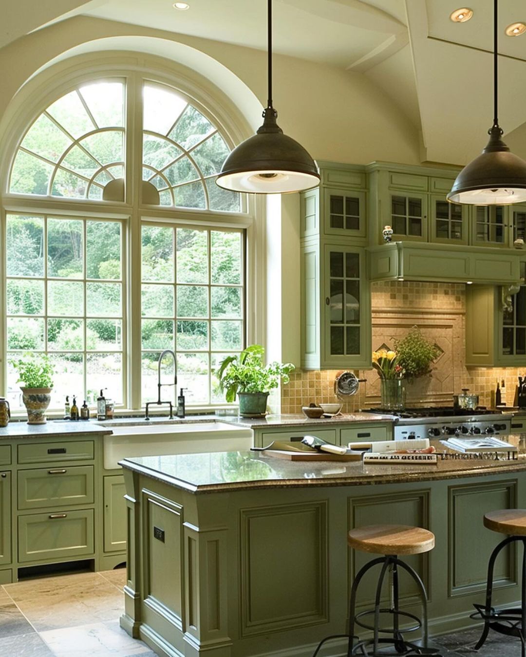 A well-lit kitchen with an arched window