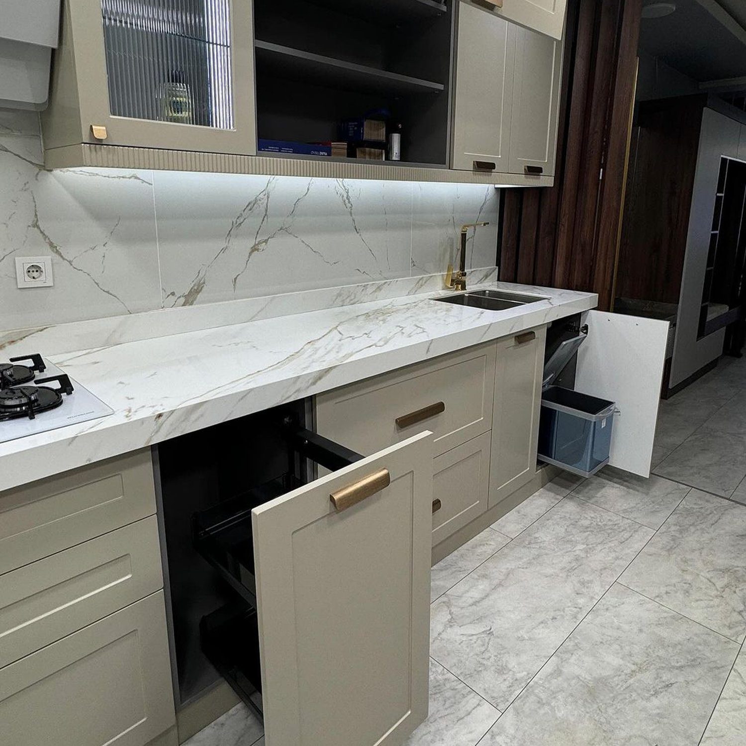 Elegantly designed kitchen with marble countertop