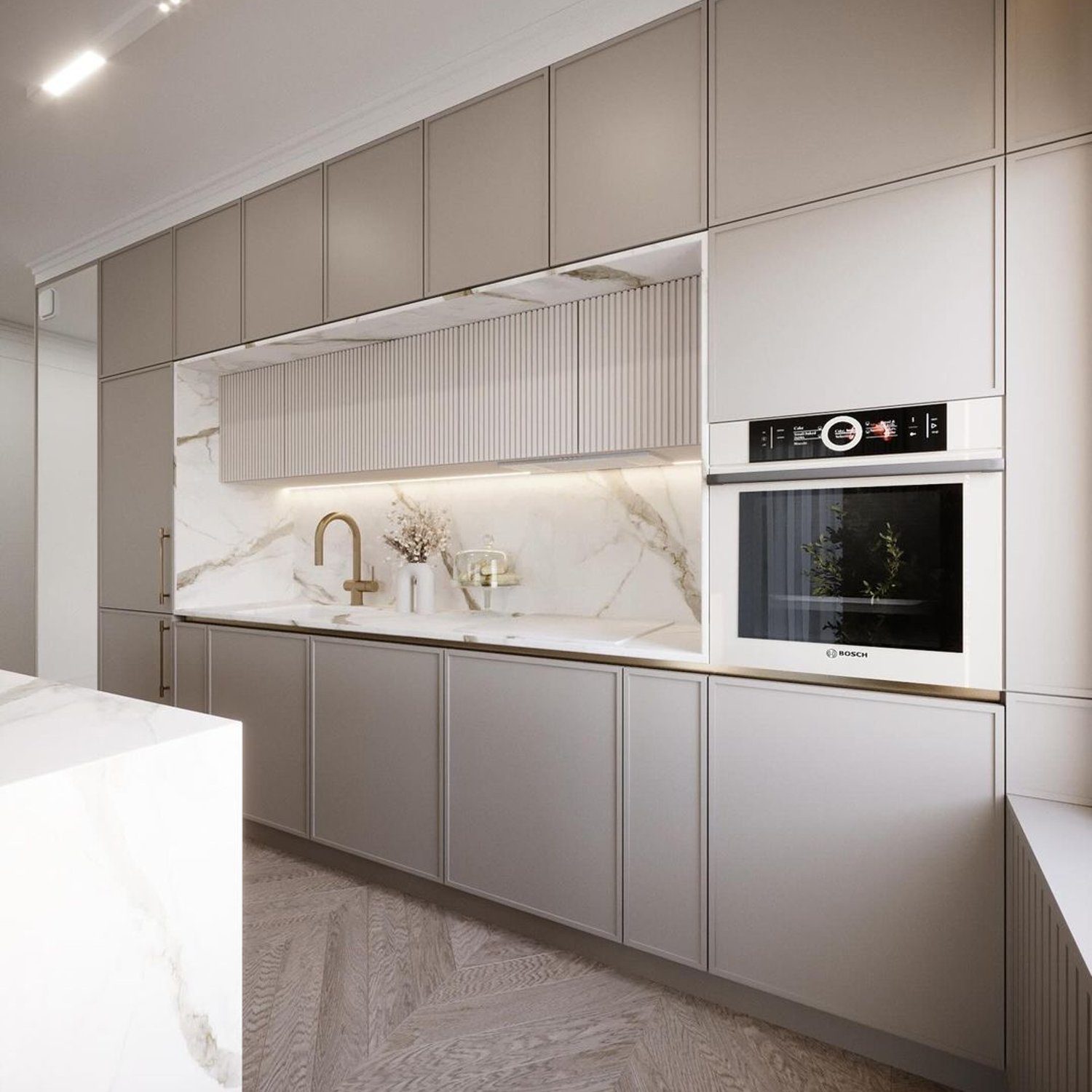 Elegant minimalist kitchen design featuring marble accents