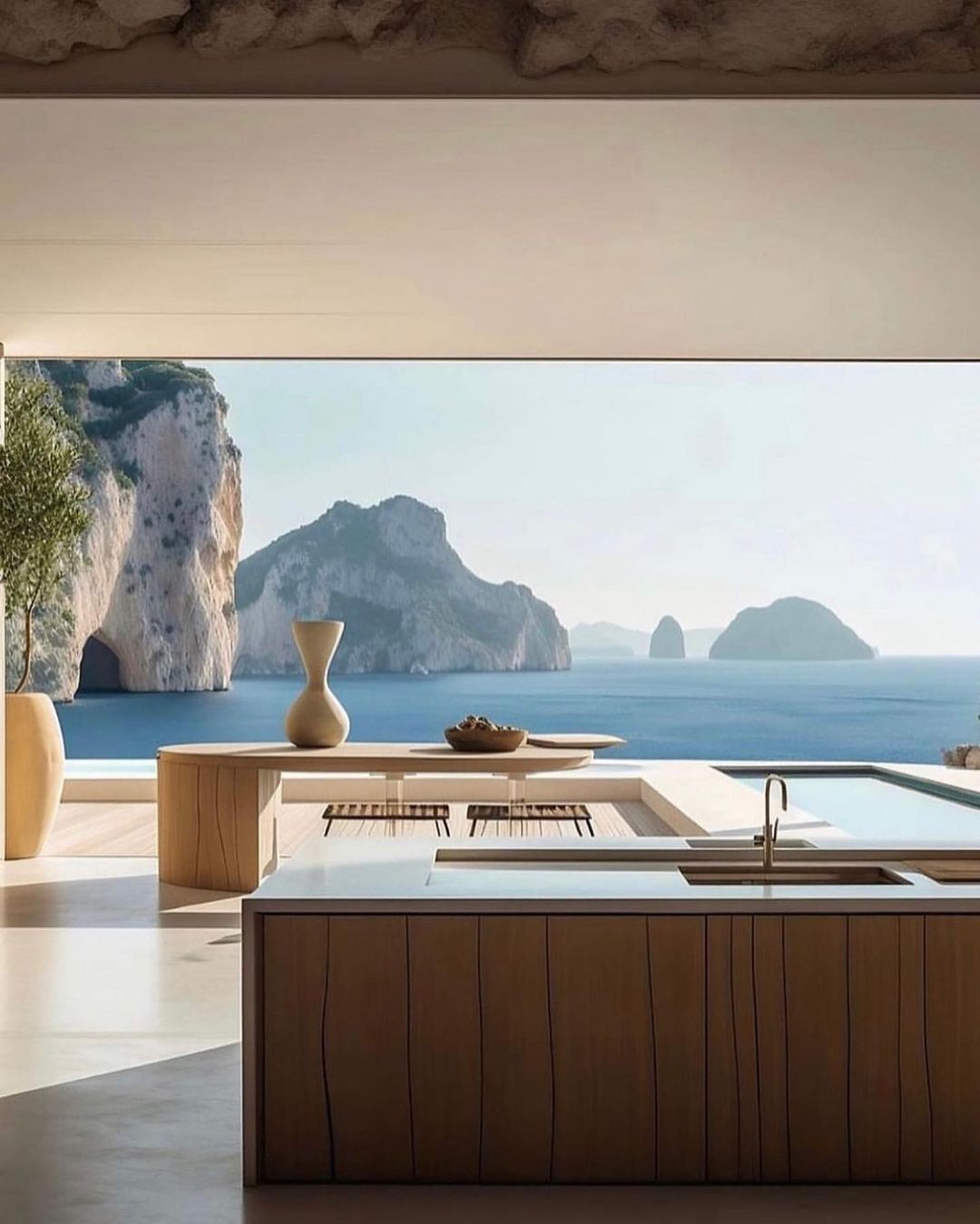 A modern kitchen with a breathtaking ocean view