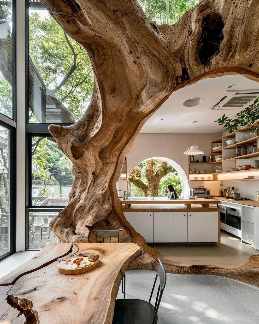 A uniquely designed kitchen with a natural wooden centerpiece