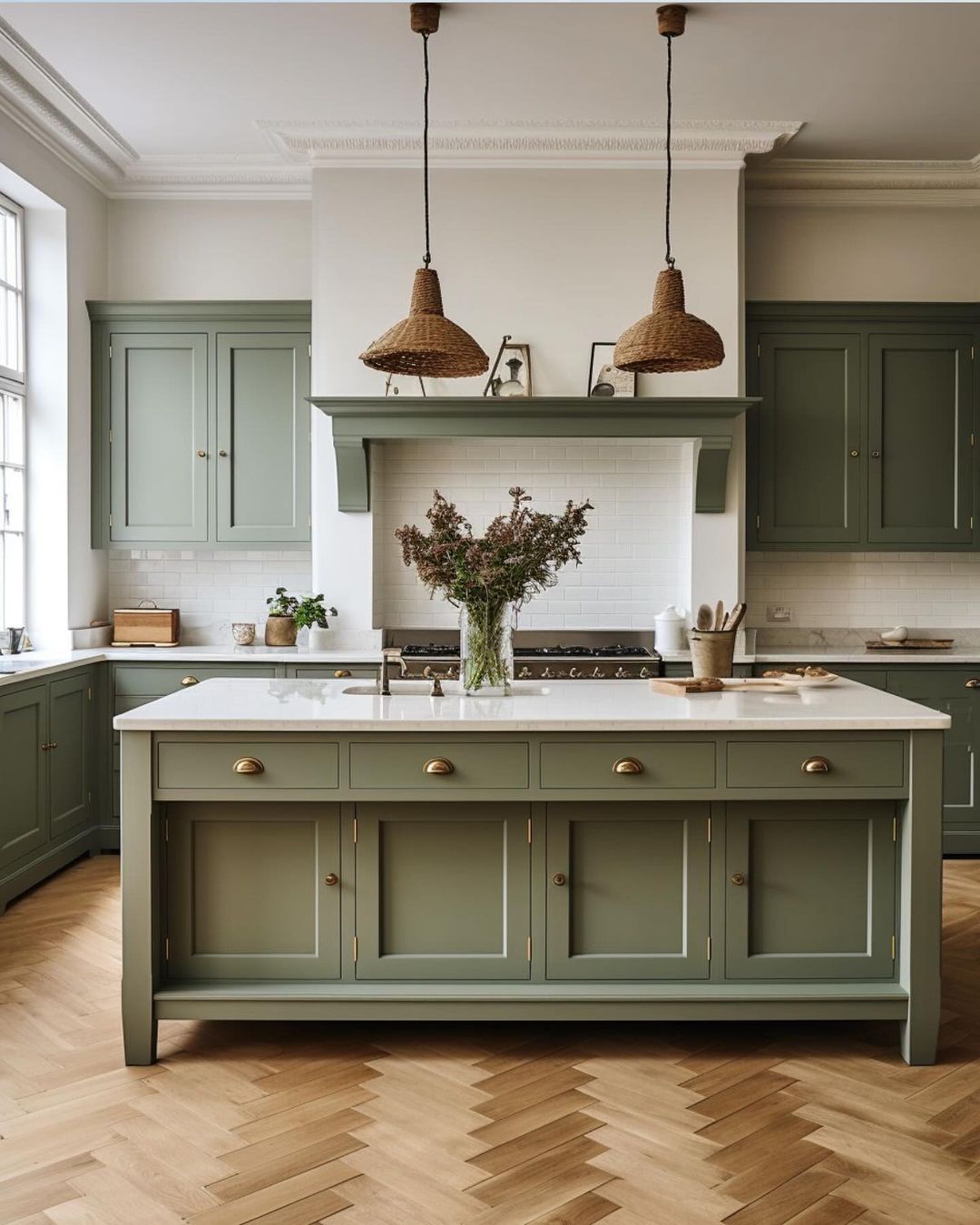 A tastefully designed kitchen with an air of sophistication featuring a herringbone wood floor and pastel green cabinetry