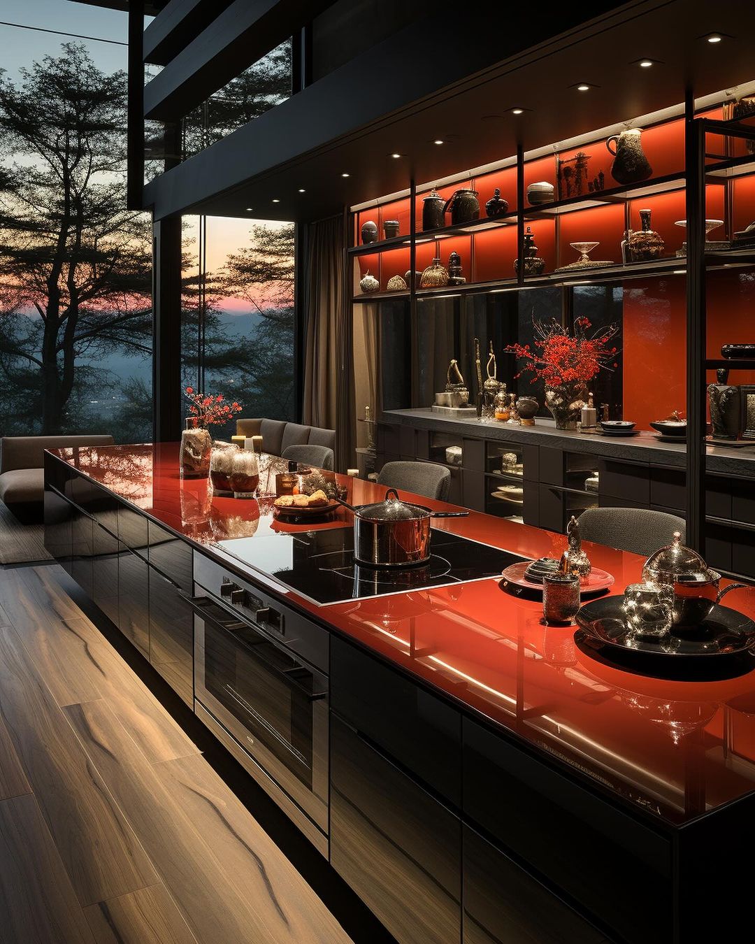 A luxurious kitchen with sleek red countertops