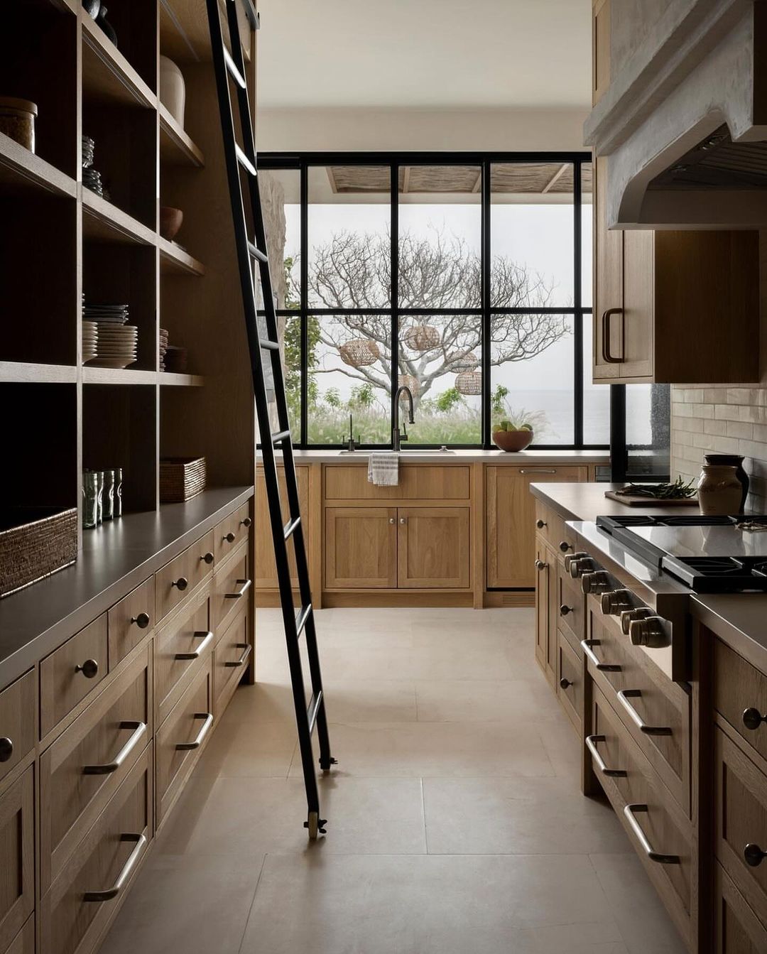 A contemporary kitchen boasts a black ladder juxtaposed against light wood cabinetry, with a striking black countertop and a backdrop of tranquil sea views through large windows.