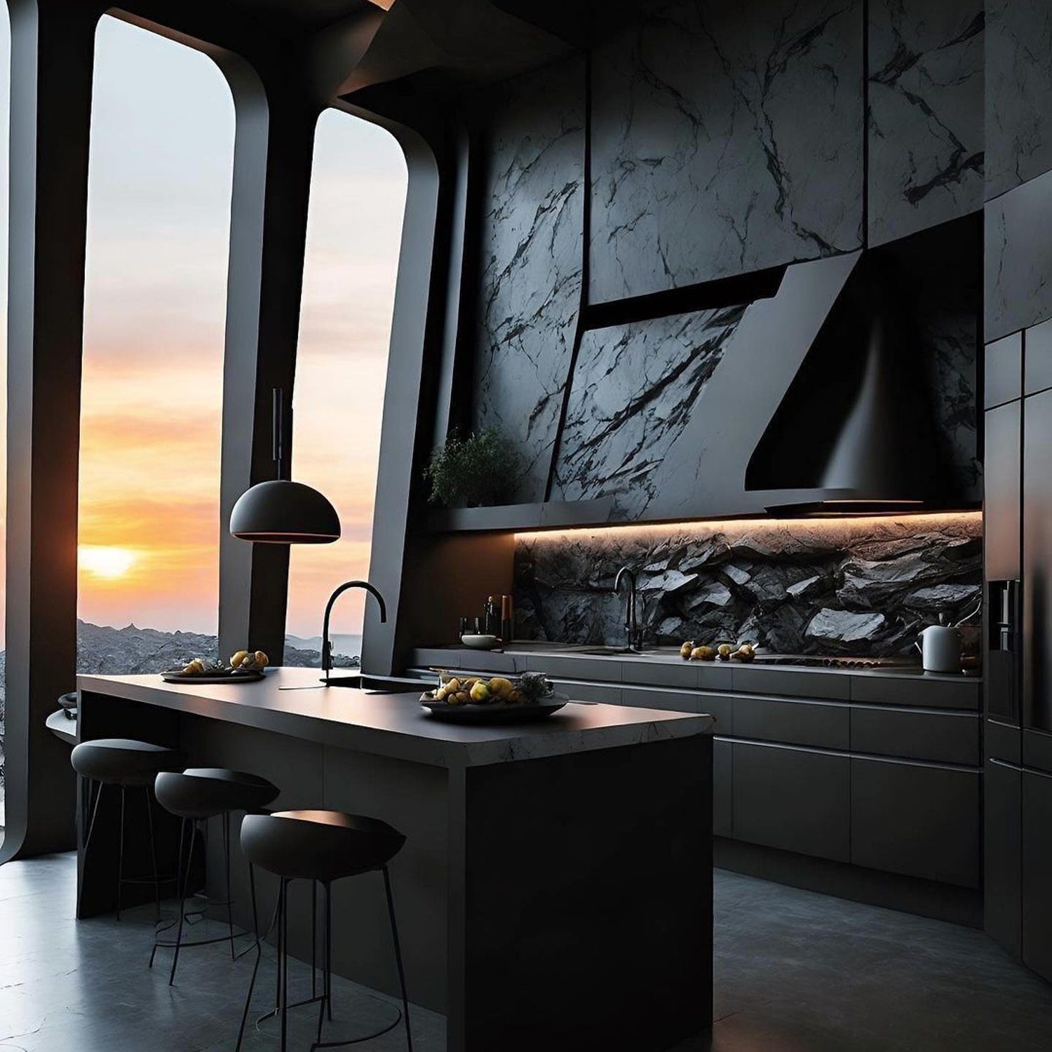 A modern kitchen with a sunset view