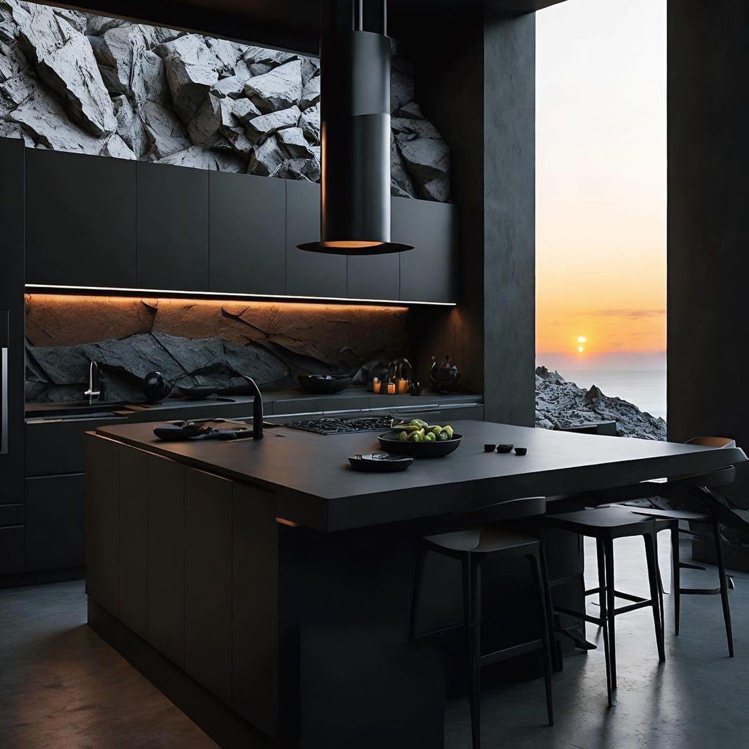 A modern kitchen with a sunset view