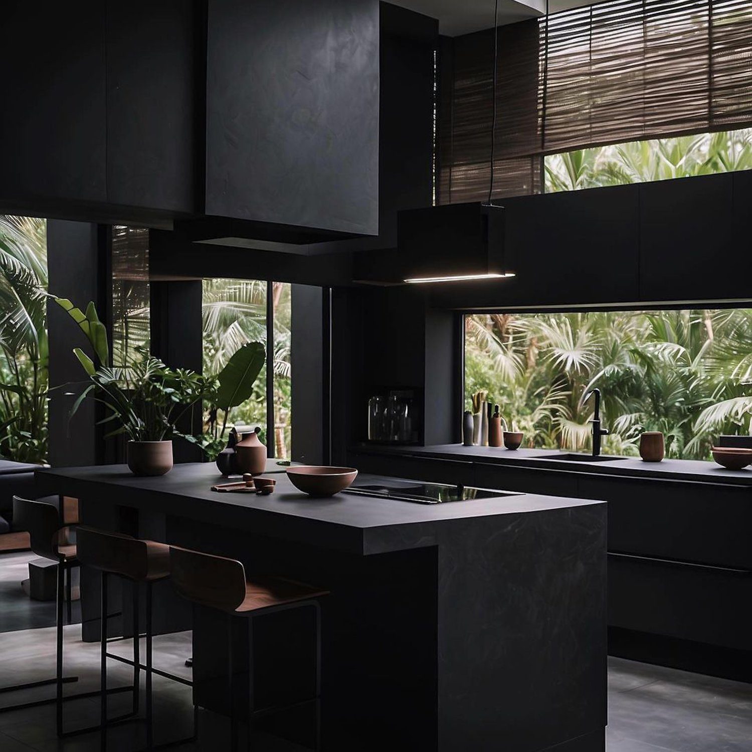 A modern and sleek kitchen with a tropical view