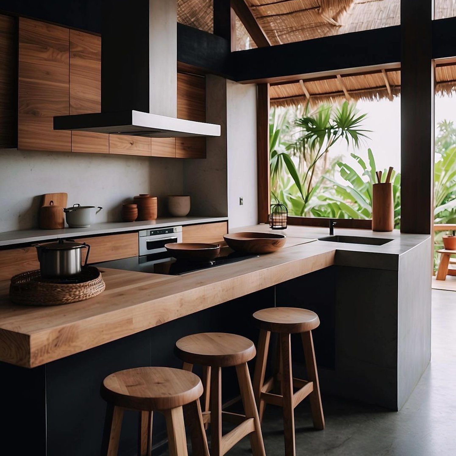 A modern kitchen with a tropical view