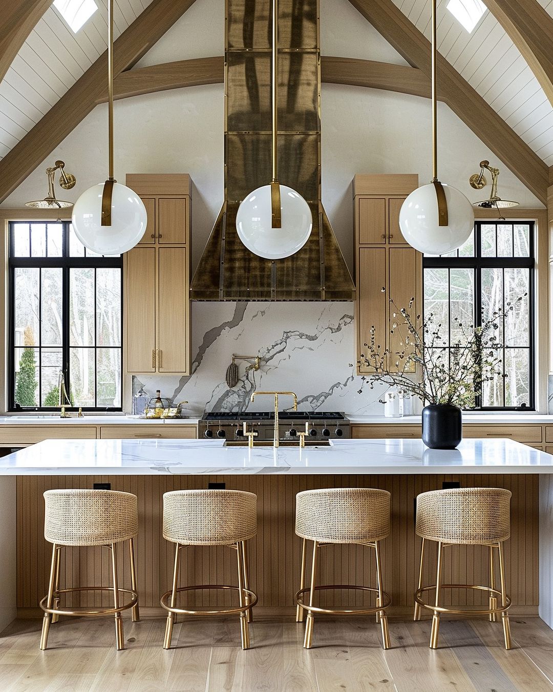 A chic modern kitchen featuring a vaulted ceiling