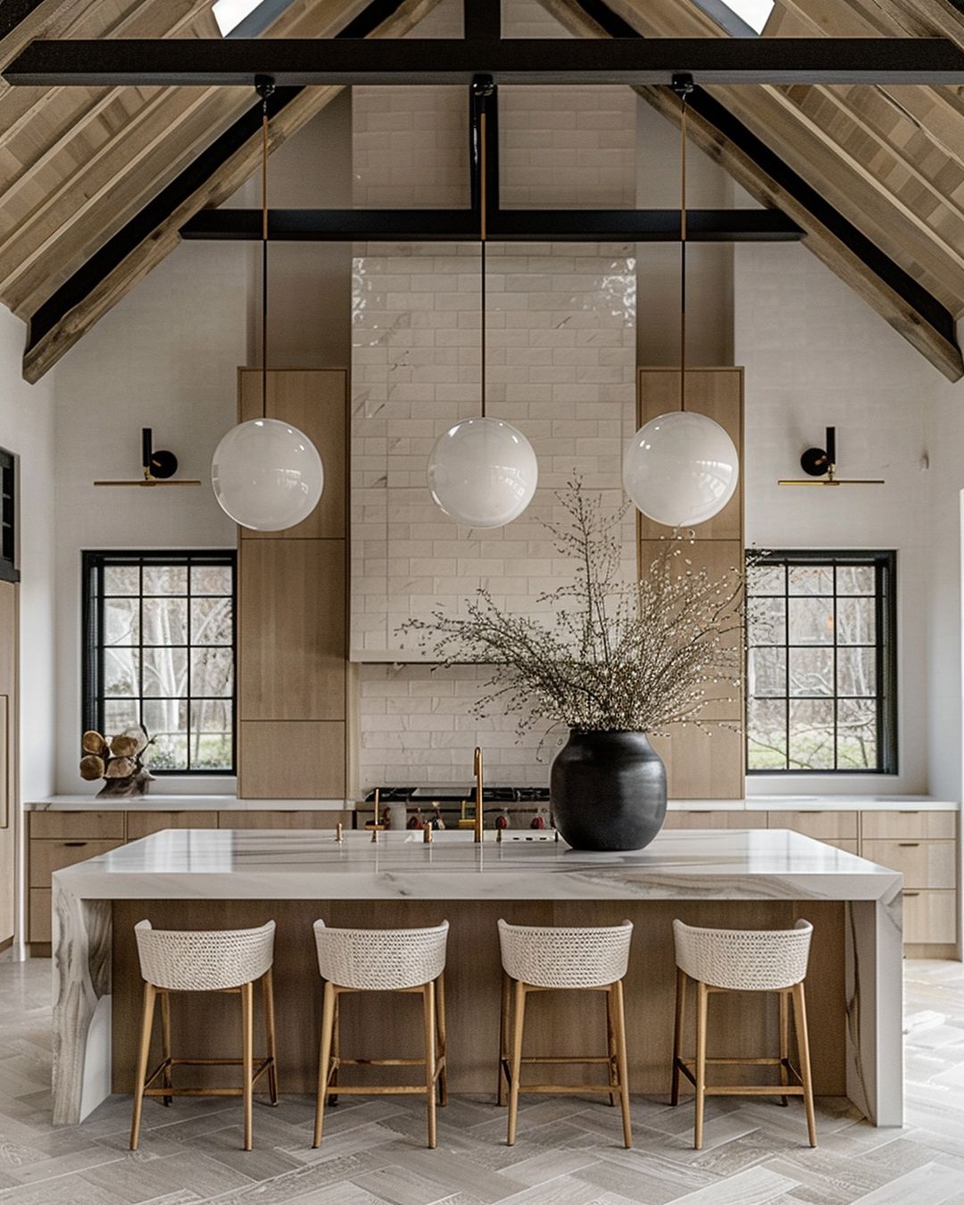 Contemporary kitchen with high ceilings, pendant lights, and woven bar stools