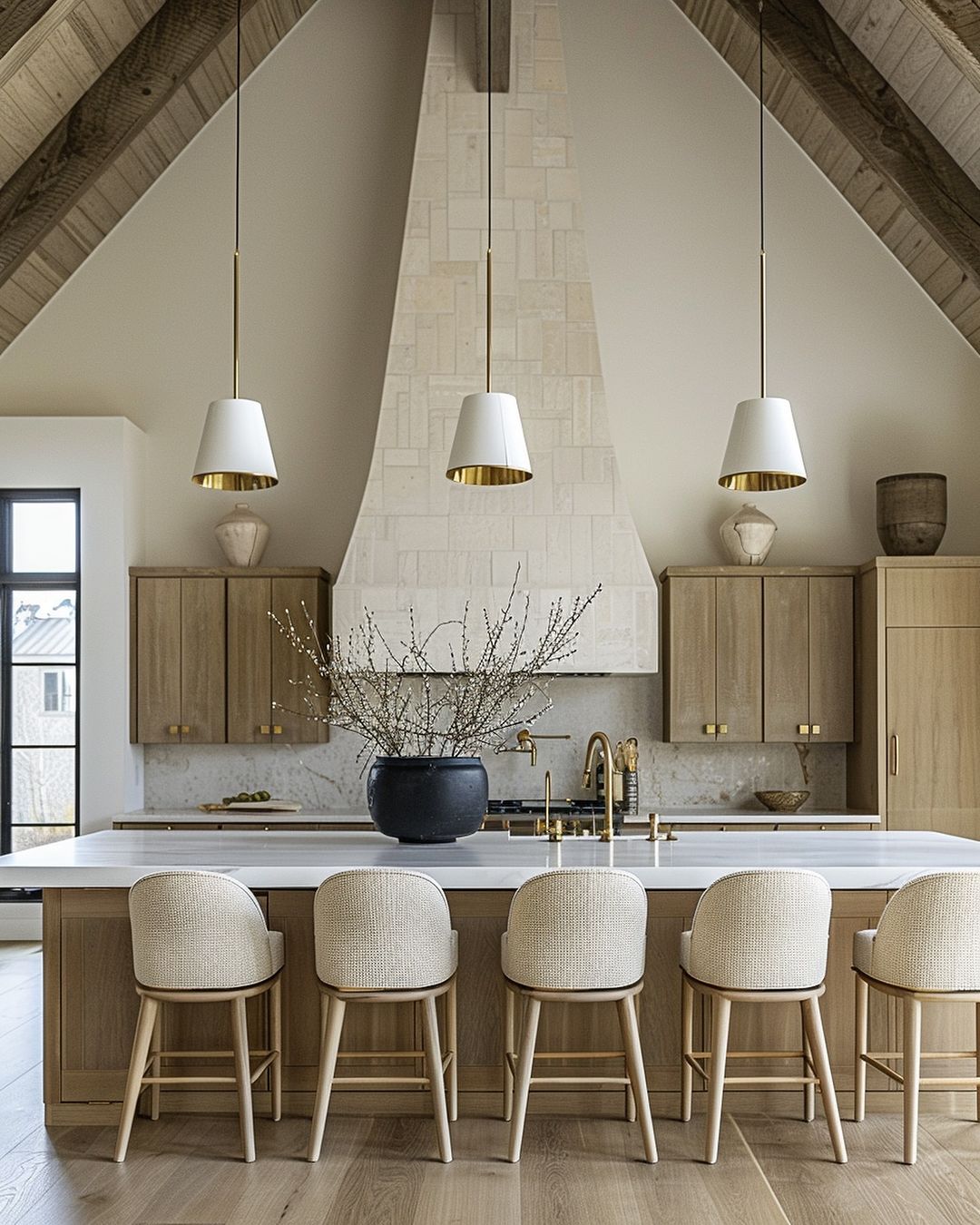 A chic modern kitchen featuring exposed wooden beams, light-tone wood cabinetry, and sophisticated brass accents