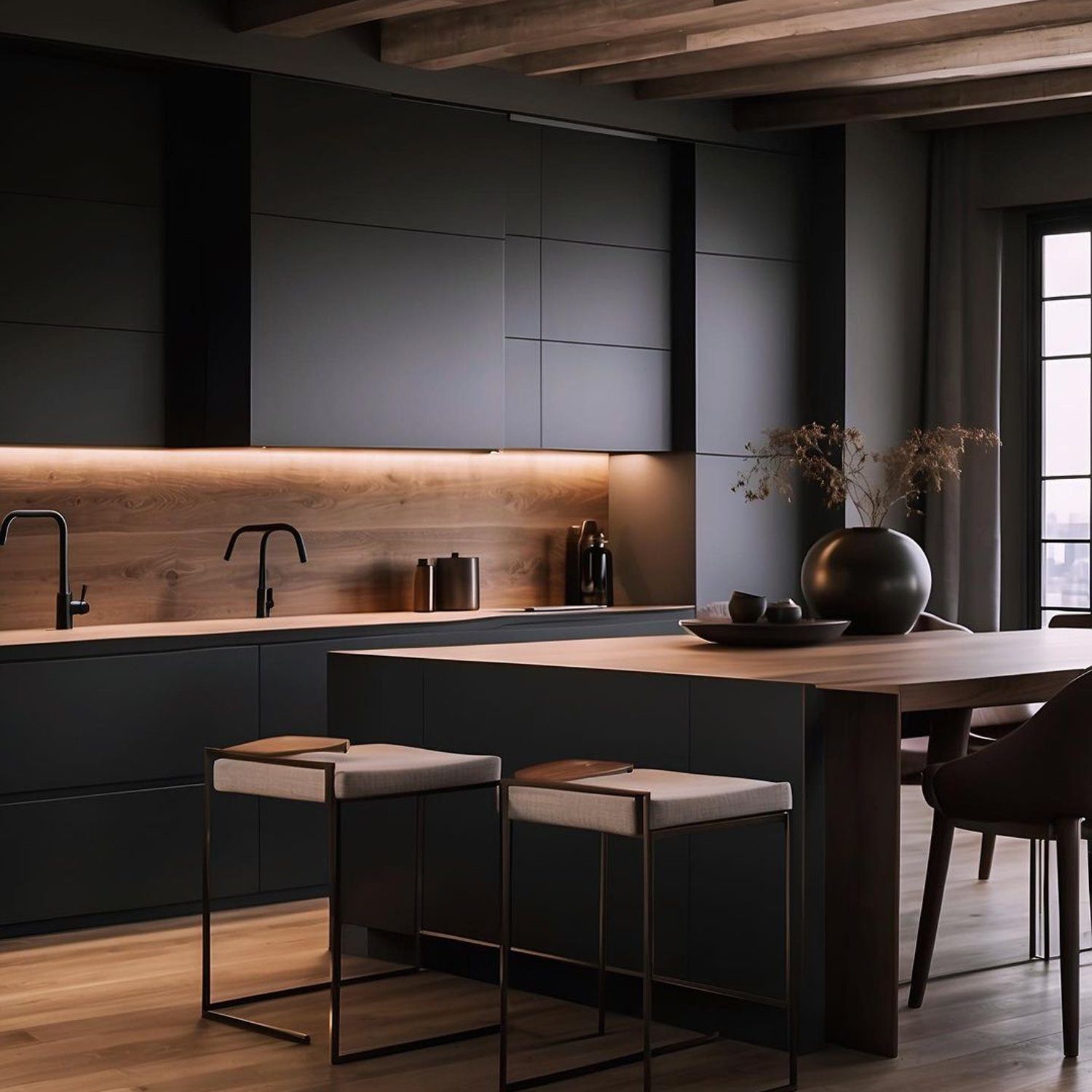 A chic and modern kitchen featuring sleek dark cabinetry, illuminated wooden backsplash, and a minimalist island with bar stools.