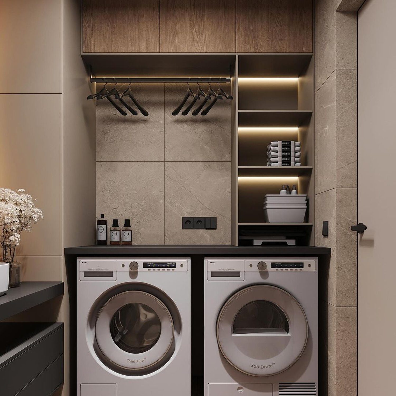 Modern laundry room design with top-of-the-line washing and drying machines