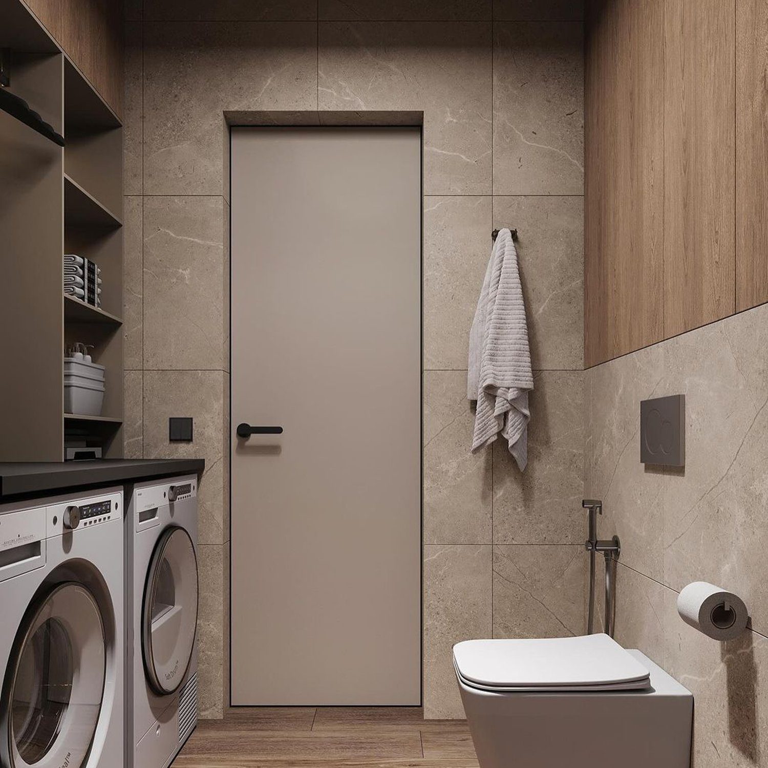 A modern laundry room with sleek appliances and sophisticated design