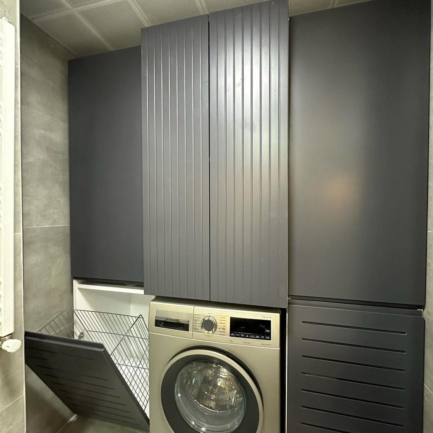 A sleek and modern laundry room setup