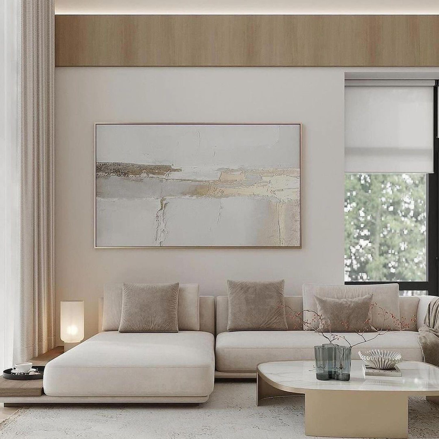 Elegantly minimalist living room with neutral tones