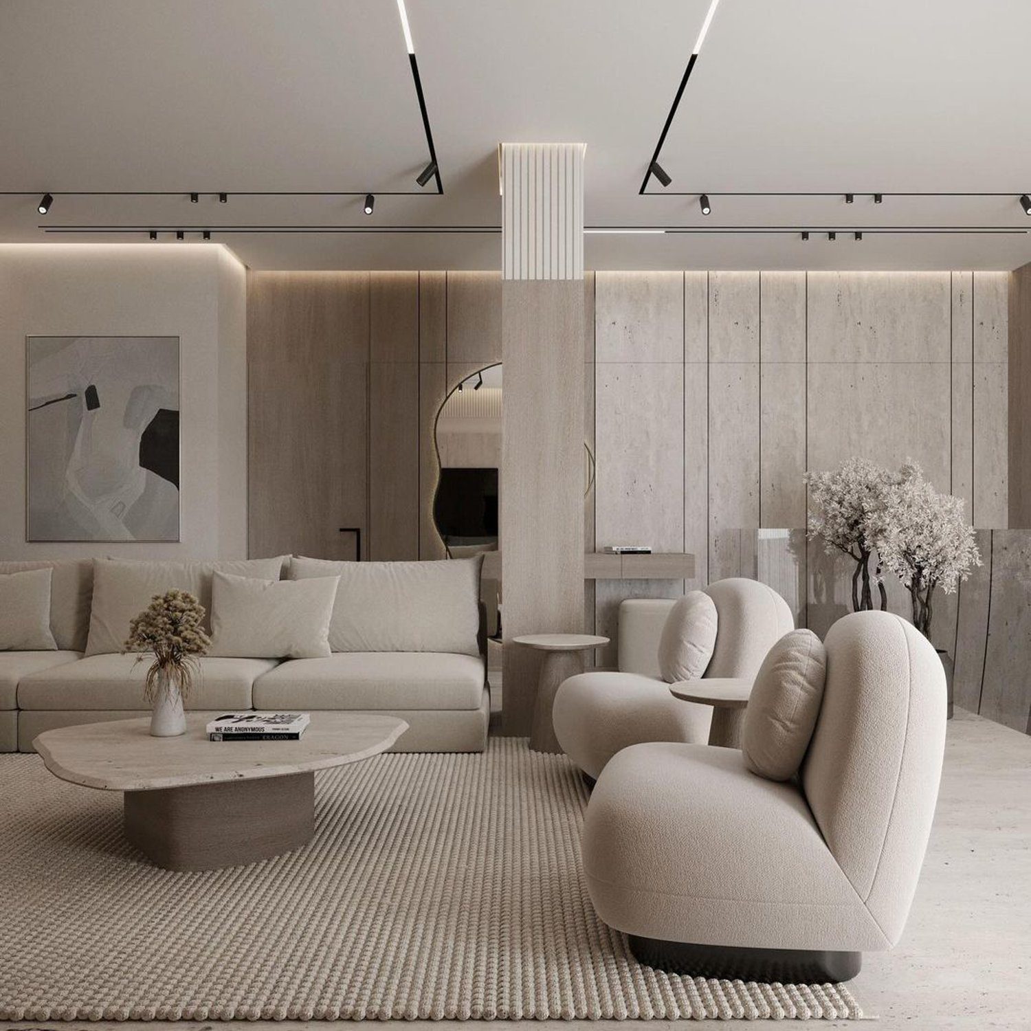 Elegant minimalist living room with a monochromatic palette