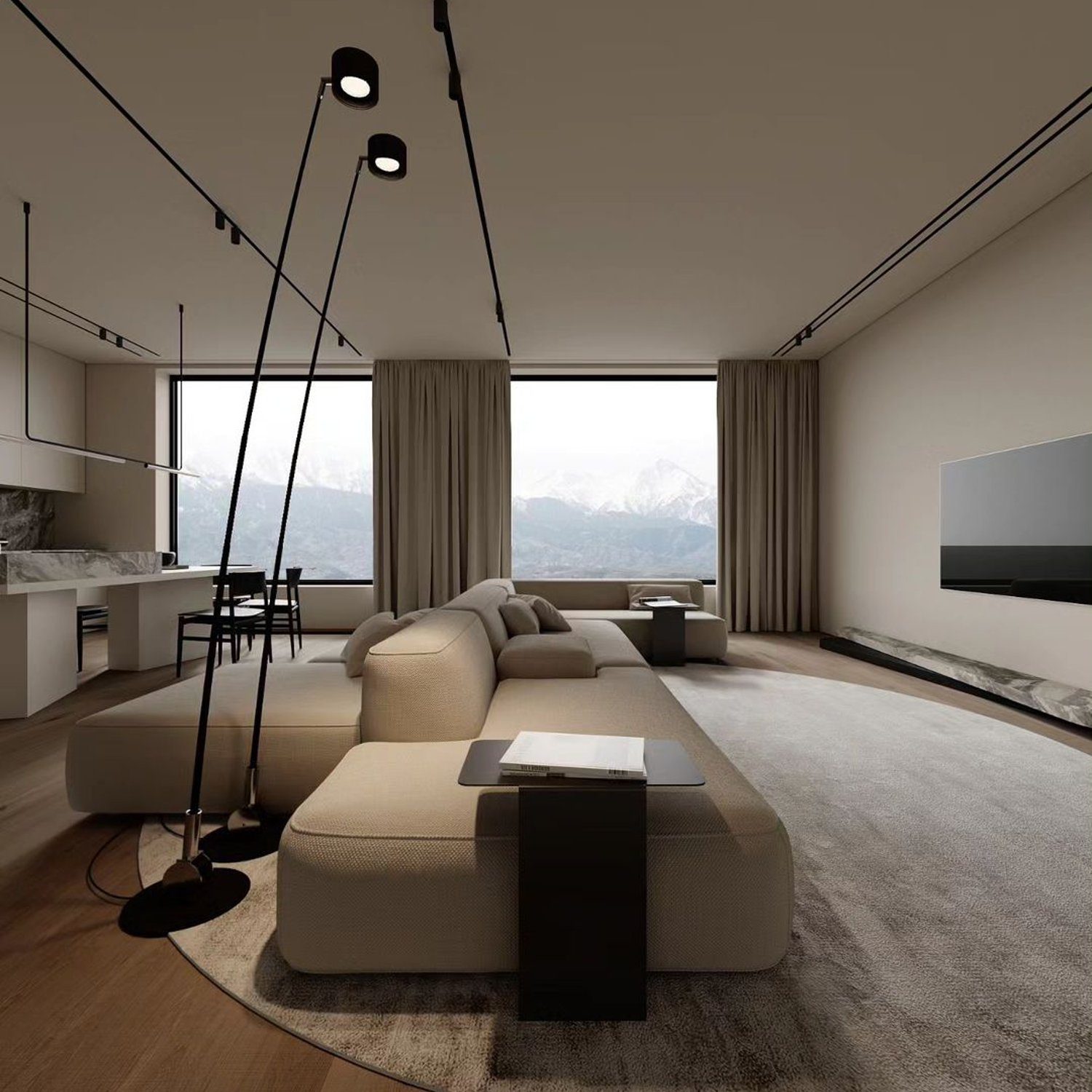 Minimalist living space with a panoramic mountain view