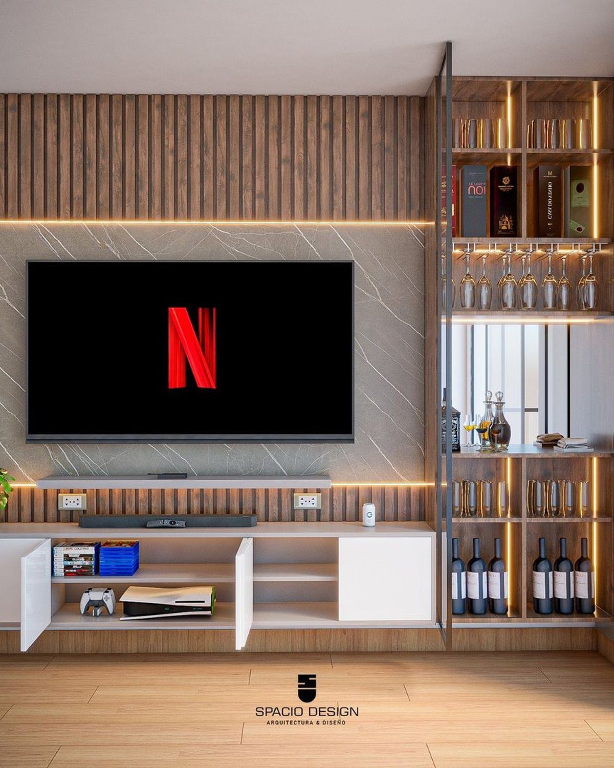 Elegant modern living room design with a television displaying the Netflix logo