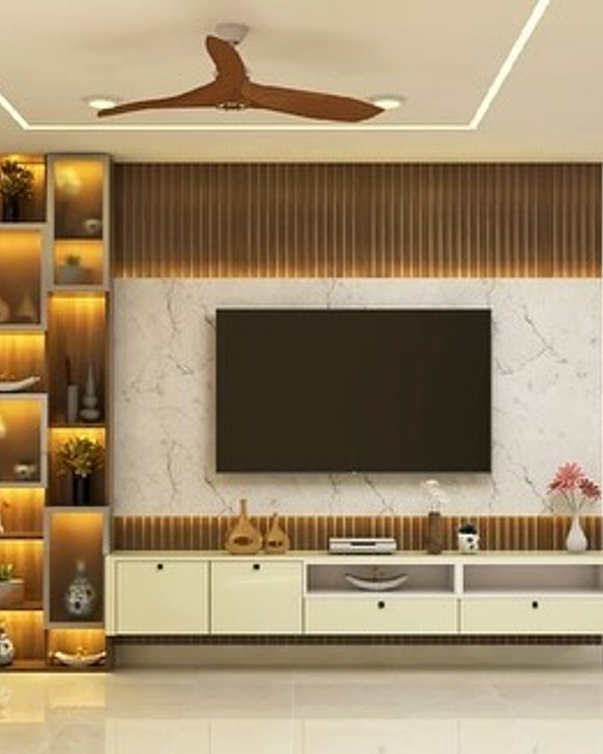 A modern and sleek living room featuring a mounted flat-screen TV surrounded by LED-lit shelves and a marble backdrop