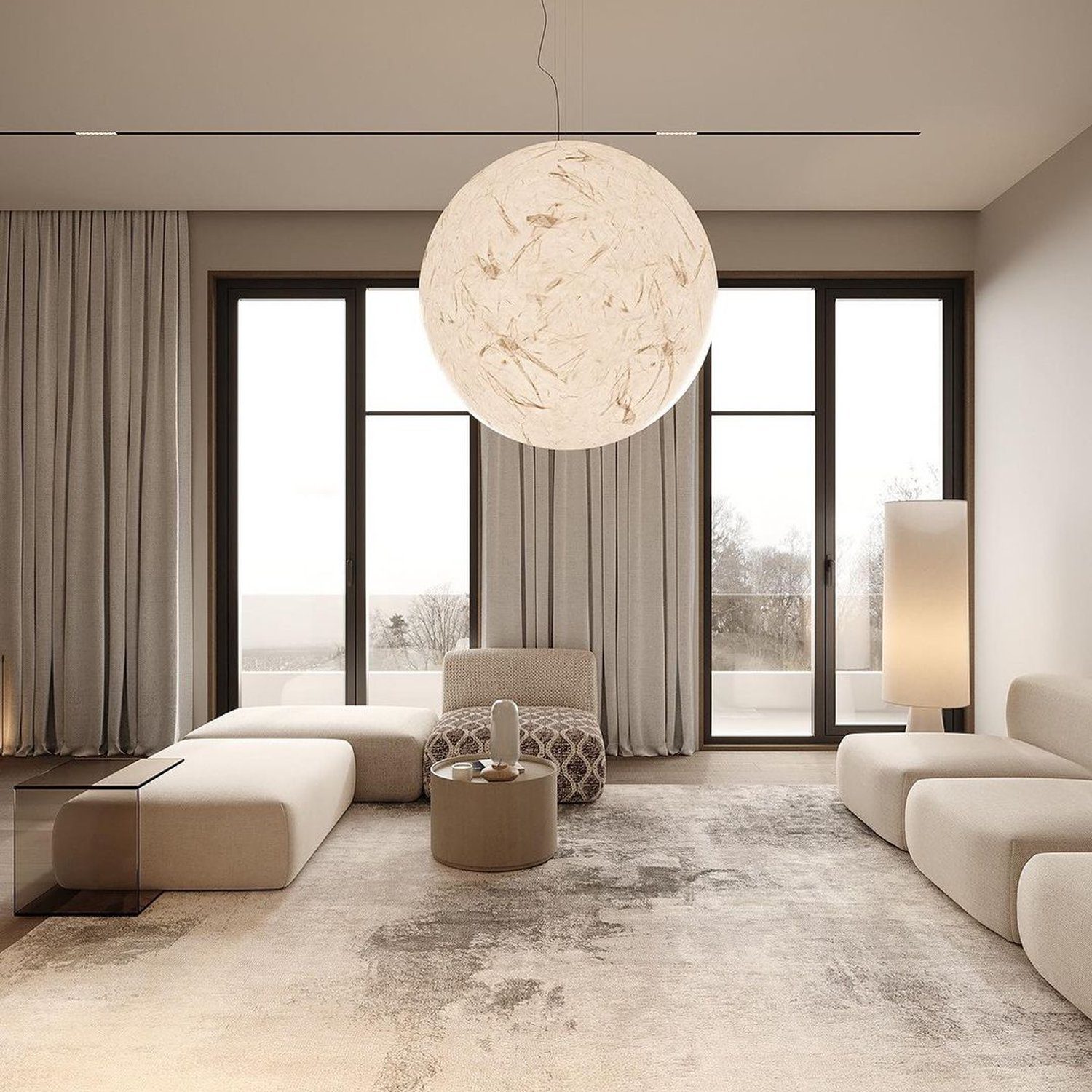 A tastefully designed living room with serene neutral tones and modern furniture