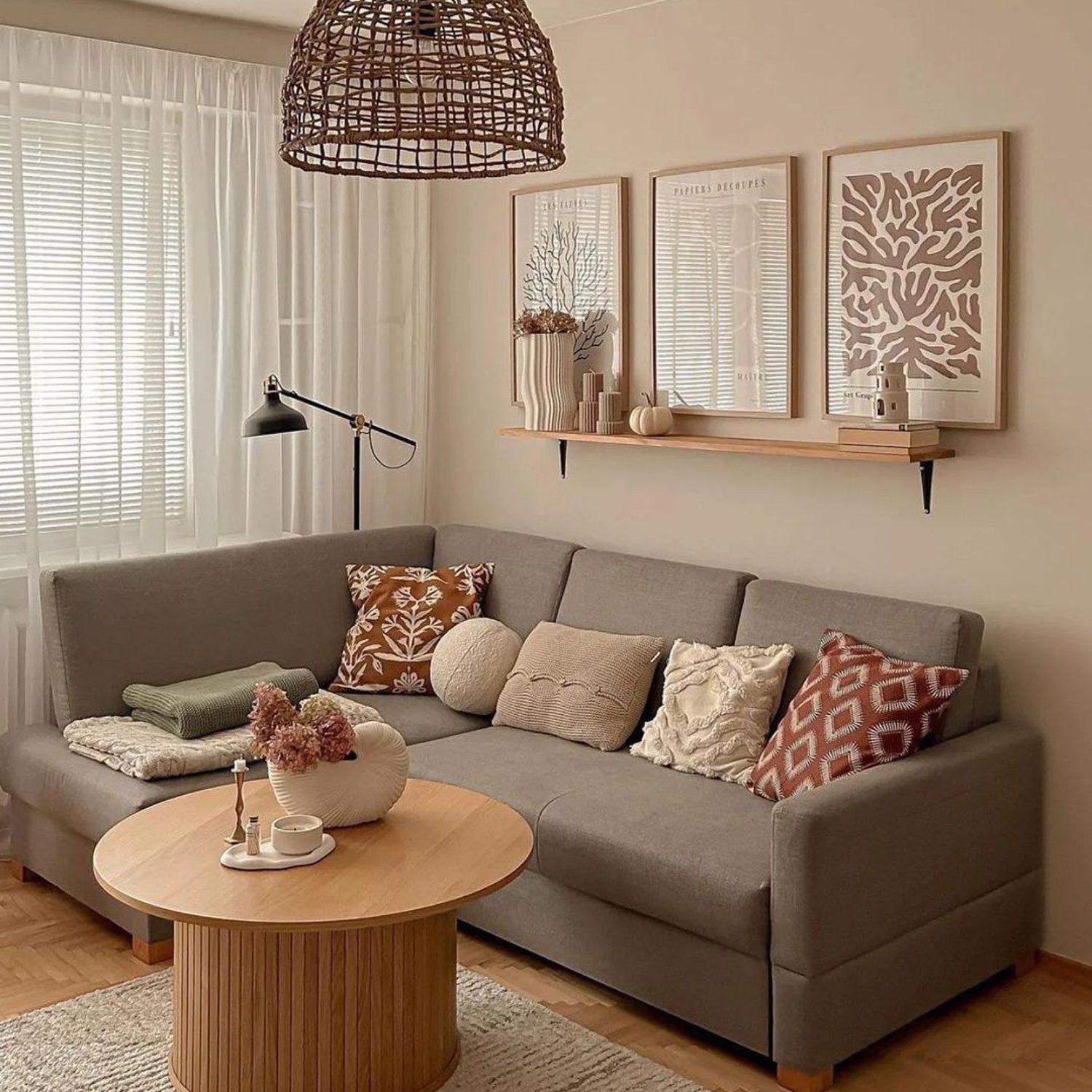 Cozy and stylish living room with harmonious earth tones and textures