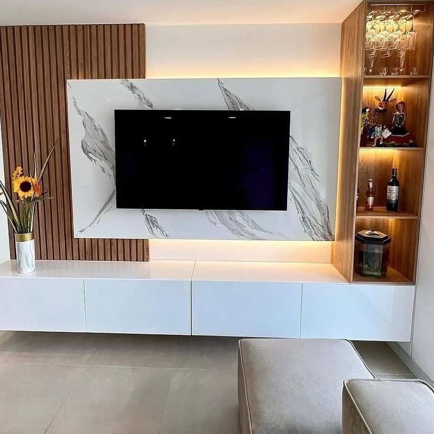 A sleek and modern living room design with recessed lighting