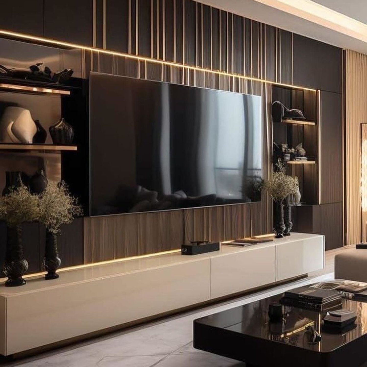 Elegant modern living room design featuring a sleek black television panel, ambient shelf lighting, and minimalist décor