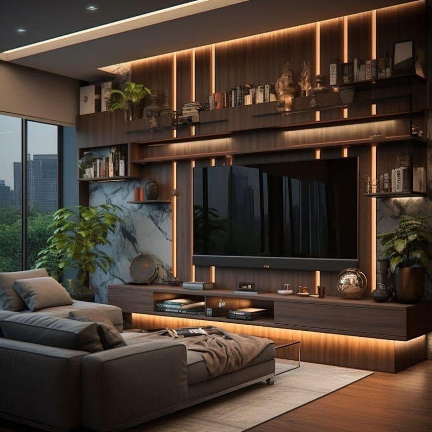 Elegantly designed modern living room with ambient lighting