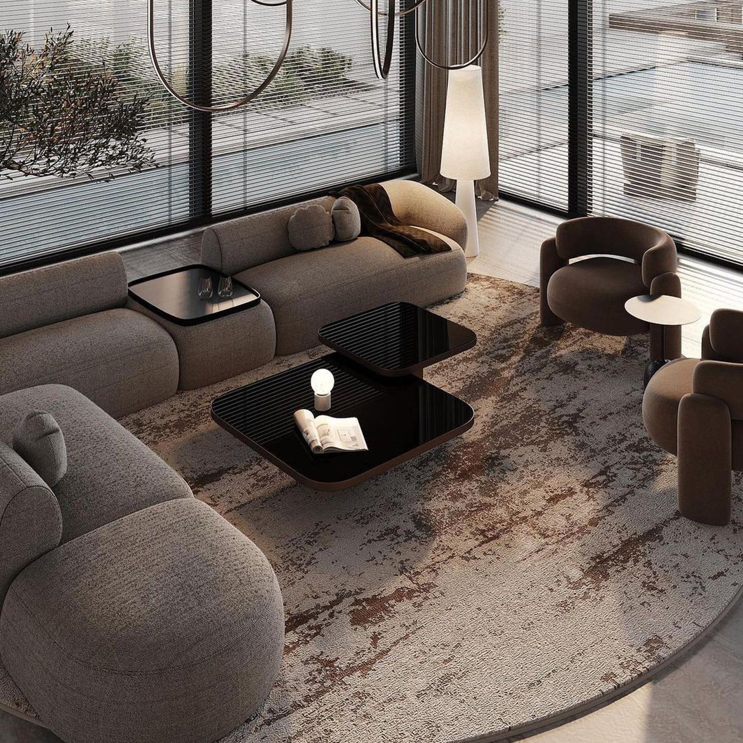 Stylish modern living room with floor-to-ceiling windows