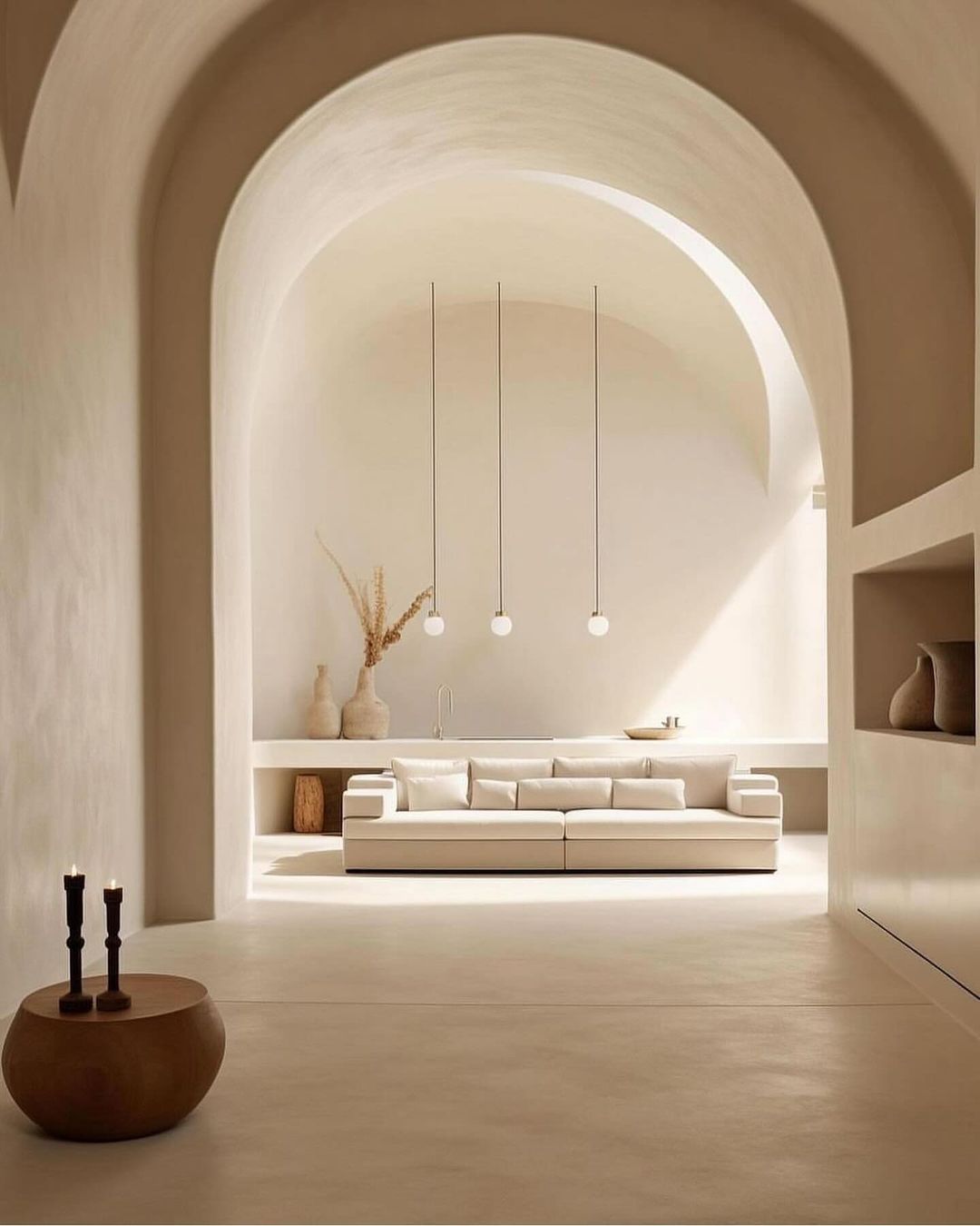 Stylish minimalist living room with arches