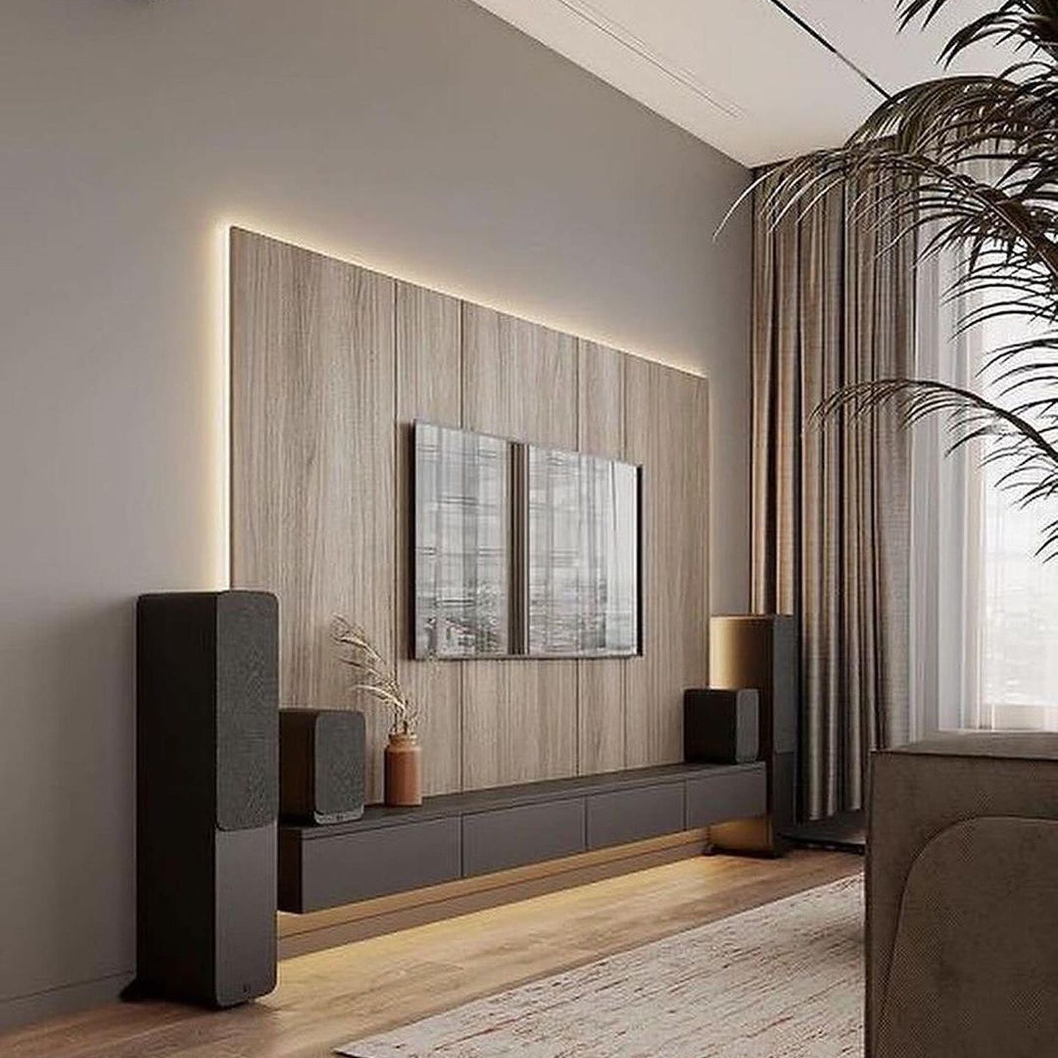 A modern living room featuring subtle elegance with neutral tones and sleek furnishings