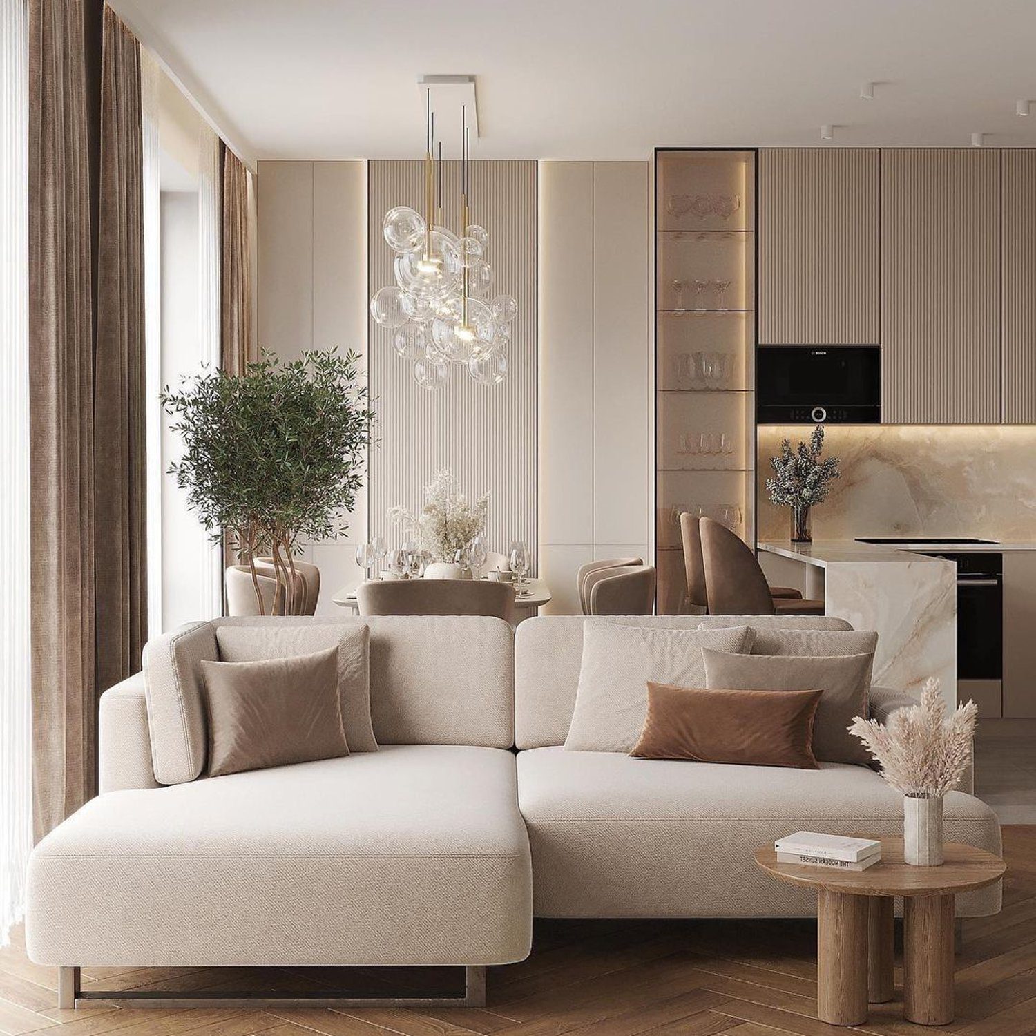 Elegant modern living room with neutral tones and a blend of textures